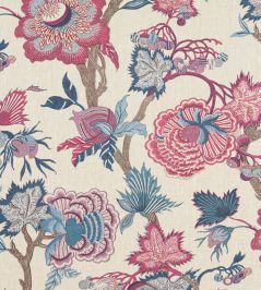 Indienne Jacobean Fabric by Thibaut Raspberry and Blue on Natural Indienne Jacobean Fabric by Thibaut Raspberry and Blue on Natural