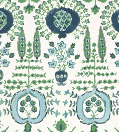 Mendoza Suzani Fabric by Thibaut Blue and Green on White Mendoza Suzani Fabric by Thibaut Blue and Green on White