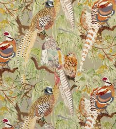 Game Birds Velvet Fabric by Mulberry Home Stone/Multi Game Birds Velvet Fabric by Mulberry Home Stone/Multi