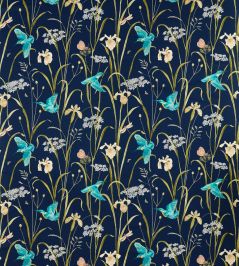 Kingfisher And Iris Fabric by Sanderson Navy/Teal Kingfisher And Iris Fabric by Sanderson Navy/Teal