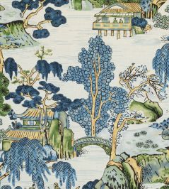 Asian Scenic Fabric by Thibaut Blue and Green Asian Scenic Fabric by Thibaut Blue and Green