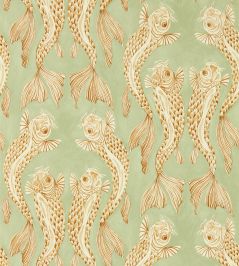 Voyaging Koi Wallpaper by Sanderson Oriental Green / Honey Voyaging Koi Wallpaper by Sanderson Oriental Green / Honey