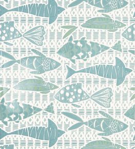 Batik Fish Wallpaper by Thibaut Spa Blue
