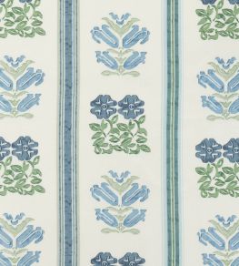 Folkloric Floral Stripe Fabric by Volga Linen Delft Blue/Oyster