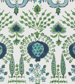 Mendoza Suzani Wallpaper by Thibaut Blue and Green on White