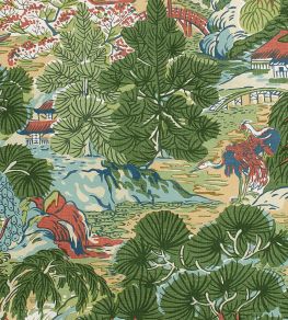 Pagoda Trees Fabric by Thibaut Coral and Green Pagoda Trees Fabric by Thibaut Coral and Green