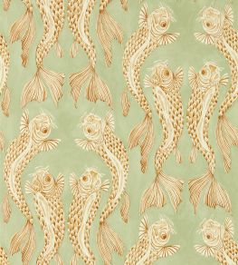 Voyaging Koi Wallpaper by Sanderson Oriental Green / Honey Voyaging Koi Wallpaper by Sanderson Oriental Green / Honey