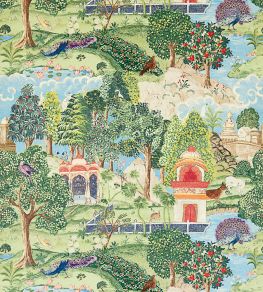 Peacock Garden Fabric by Zoffany Green/Coral Peacock Garden Fabric by Zoffany Green/Coral