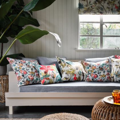 Amazonia fabric on sofa, pouffe, cushions and blinds
