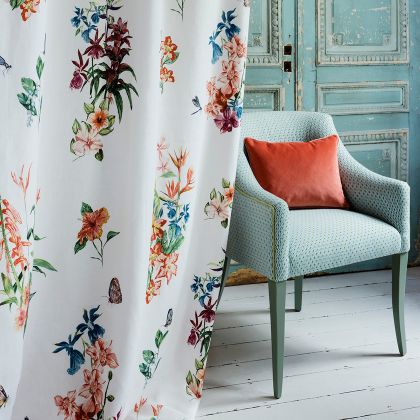 Orchid House fabric on chair, cushions and curtains