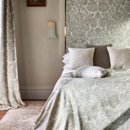 Damask - The Alchemy of Colour fabric on headboard, bed sheets, cushions and curtains