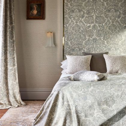 Damask - The Alchemy of Colour fabric on headboard, bed sheets, cushions and curtains