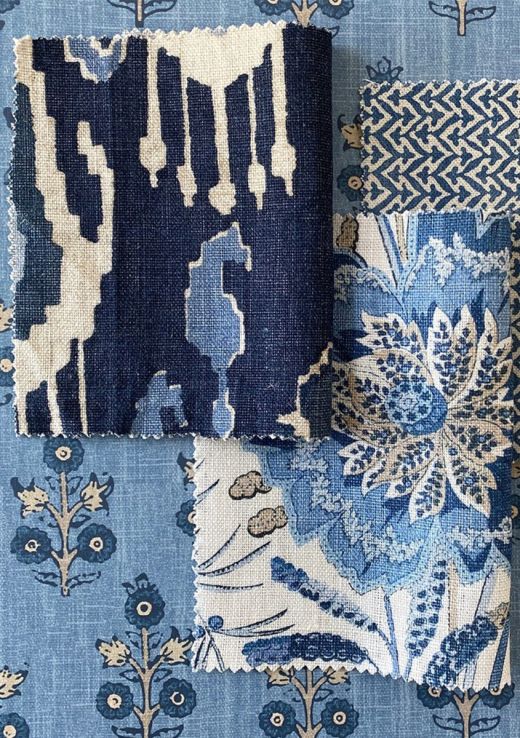 A moodboard of blue and white GP & J Baker fabrics