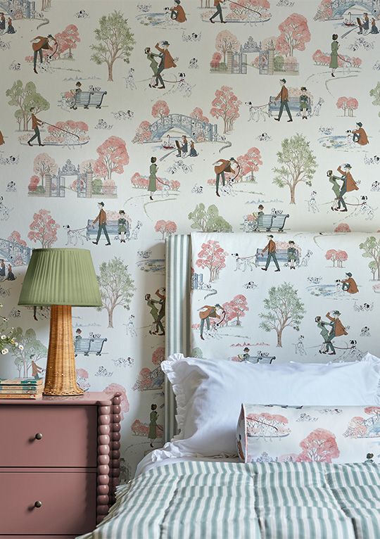 Headboard and wallpaper in 101 Dalmations design by Sanderson
