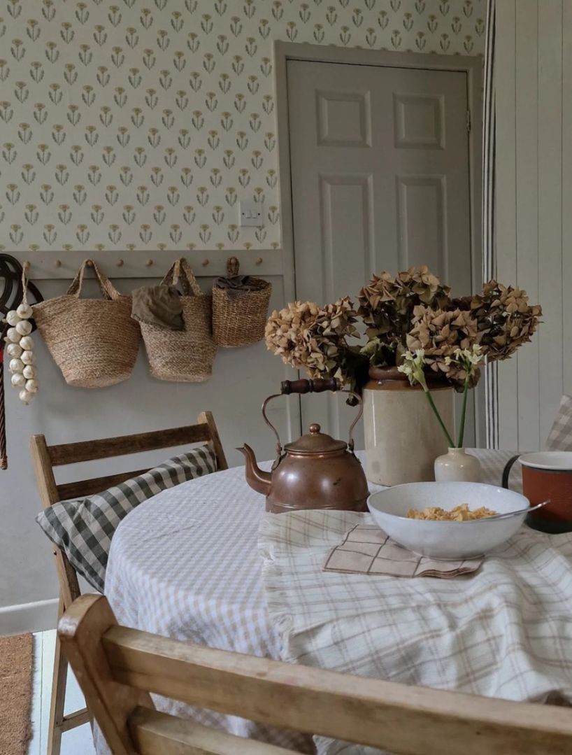 A cottagecore kitchen scheme using wallpaper by Sandberg